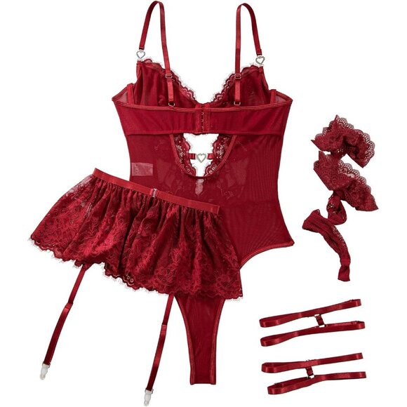 Rhinestone Heart Garter Lingerie Set: Mesh Babydoll, Stockings & Teddy - Picture 5 of 6